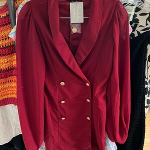 Red Double-Breasted Blazer dress with see through long sleeves